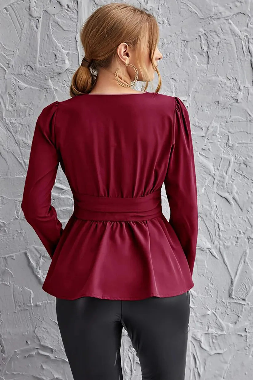 Burgundy Surplice Neck Peplum Top