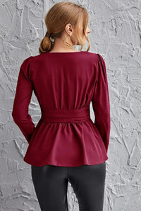 Burgundy Surplice Neck Peplum Top