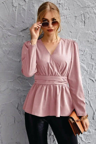 Pink Surplice Neck Peplum Top