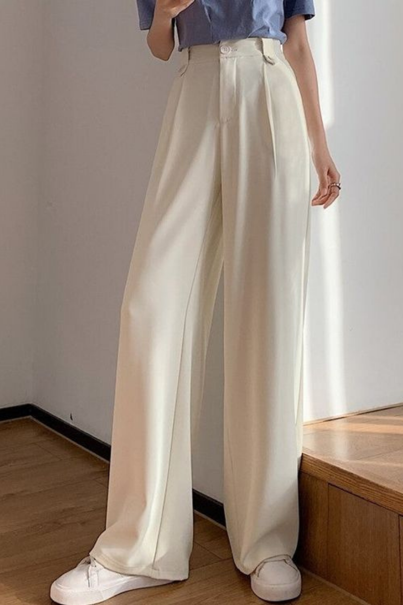 Cream High Waist Pleated Trousers