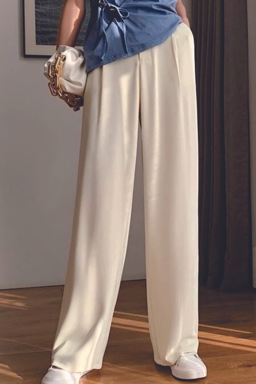 Cream High Waist Pleated Trousers