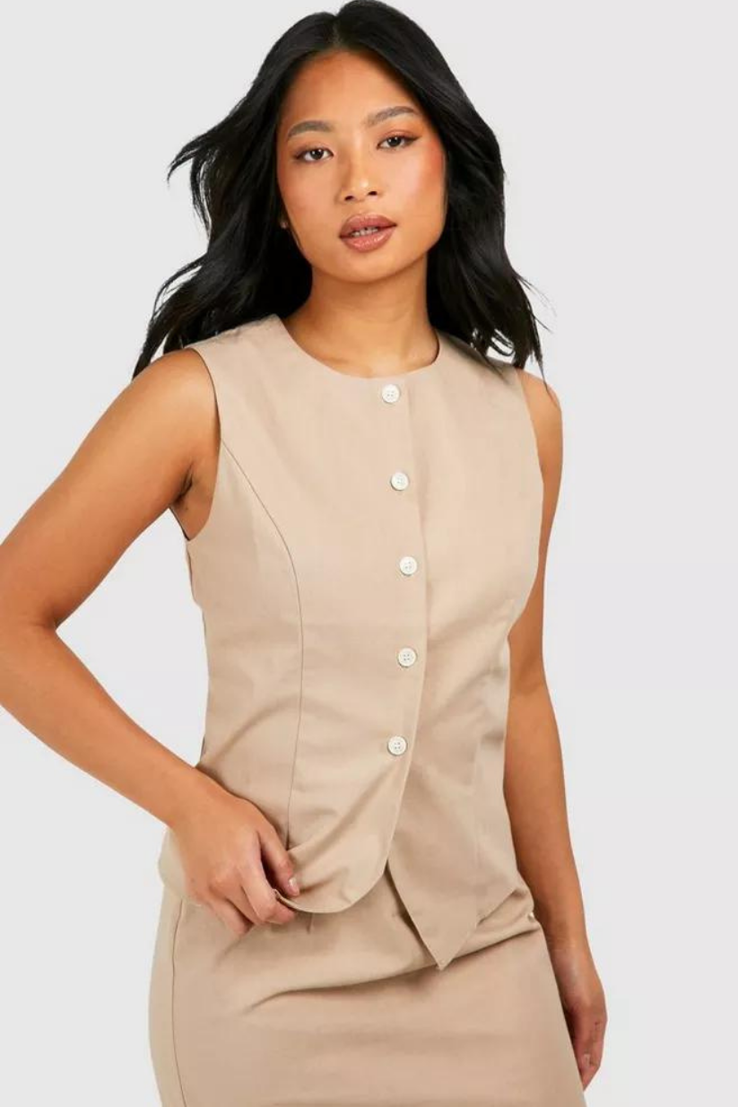 Beige Linen Round Neck Waistcoat