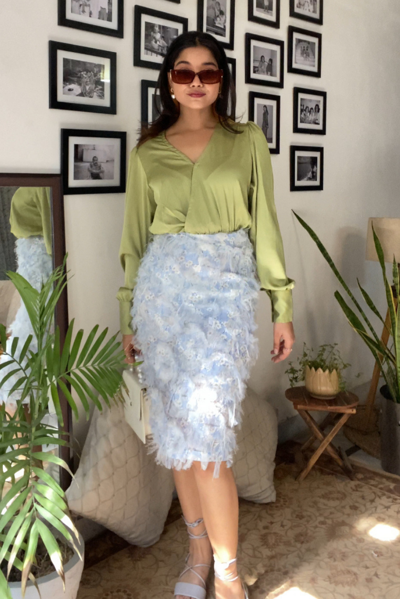 Green Overlap Satin Blouse