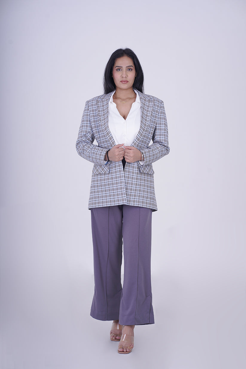 Tailored Waistline Checkered Blazer - The checkered pattern, coupled with a tailored waistline, creates a sophisticated, well-fitted look that's perfect for various occasions. Crafted from premium materials, our Checkered Blazer effortlessly combines comfort and style, making it a versatile choice for both formal and casual settings.