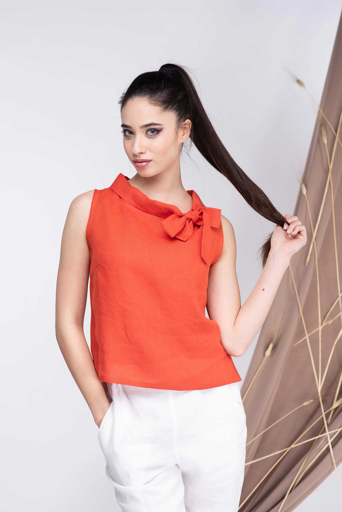 Orange Linen Sleeveless Top