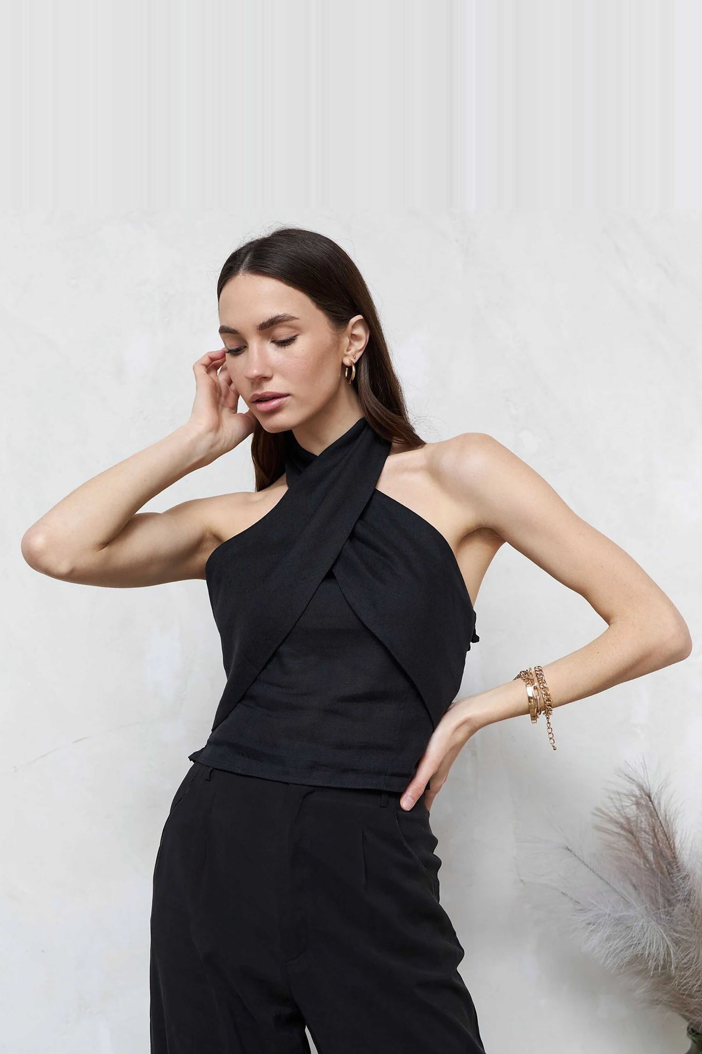 Black Linen Halter Neck Top