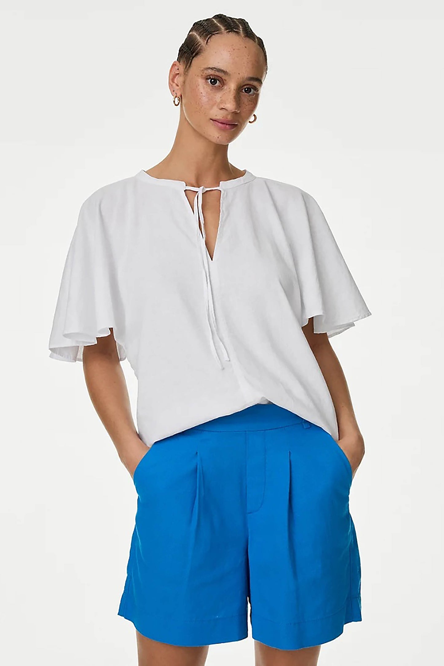 White Linen Tie Neck Top