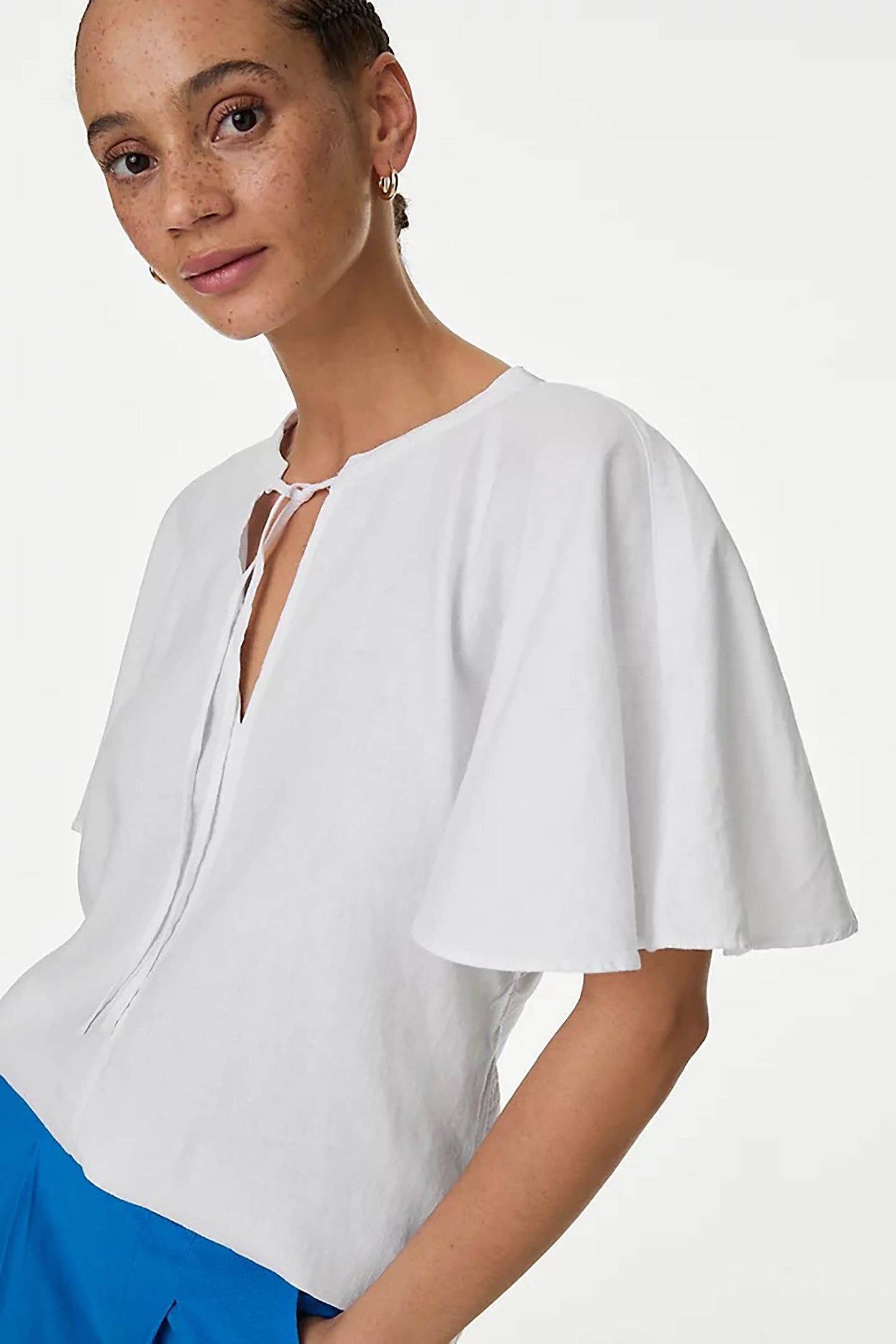 White Linen Tie Neck Top