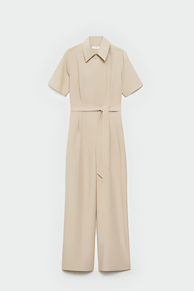 Beige Shirt Collar Jumpsuit