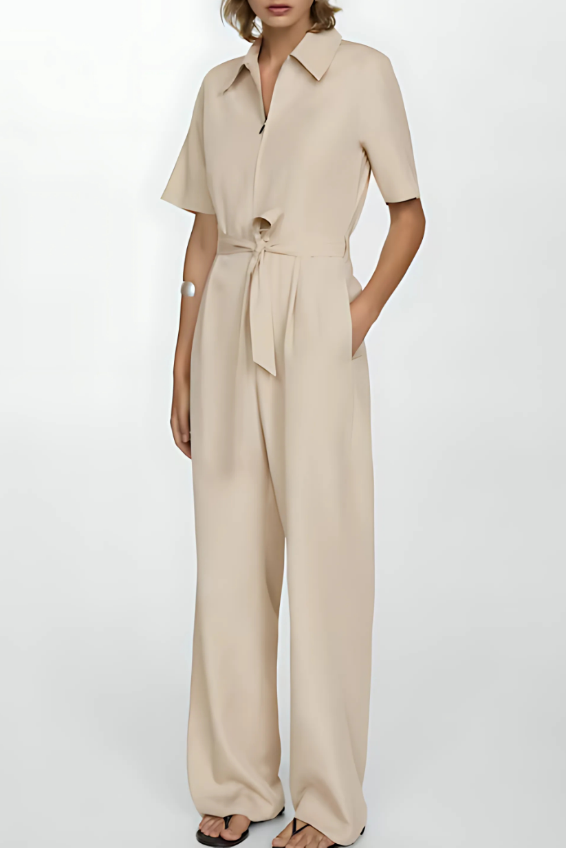 Beige Shirt Collar Jumpsuit