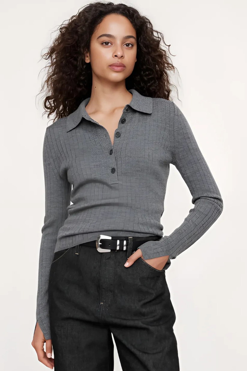 Grey Polo Ribbed Sweater